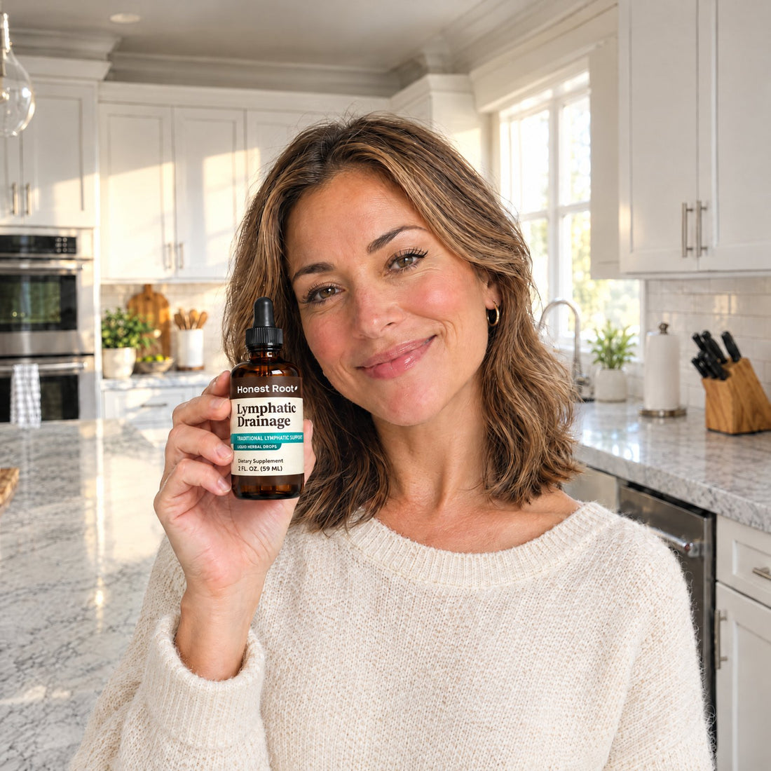 Woman holding HonestRoot Lymphatic Drainage Drops