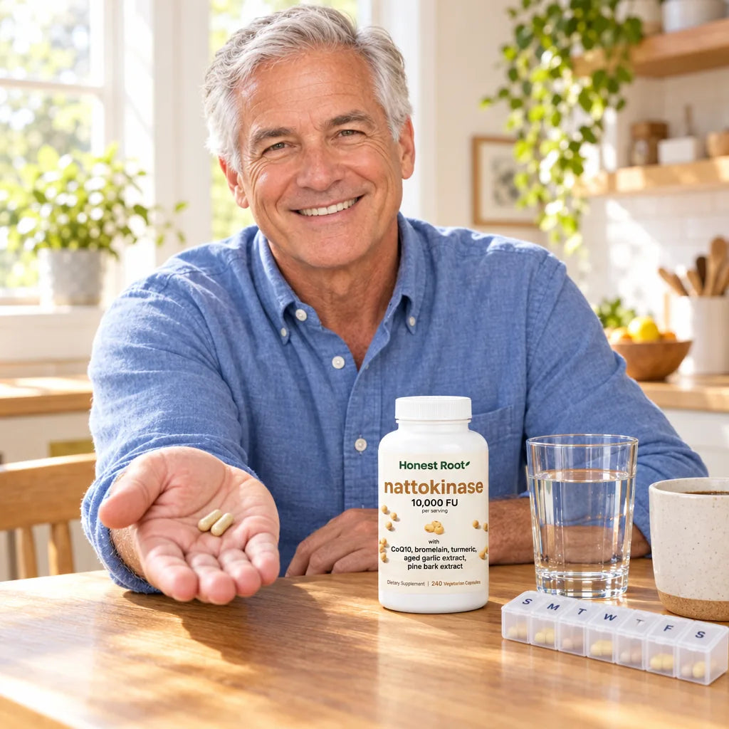 Man holding HonestRoot Nattokinase capsules