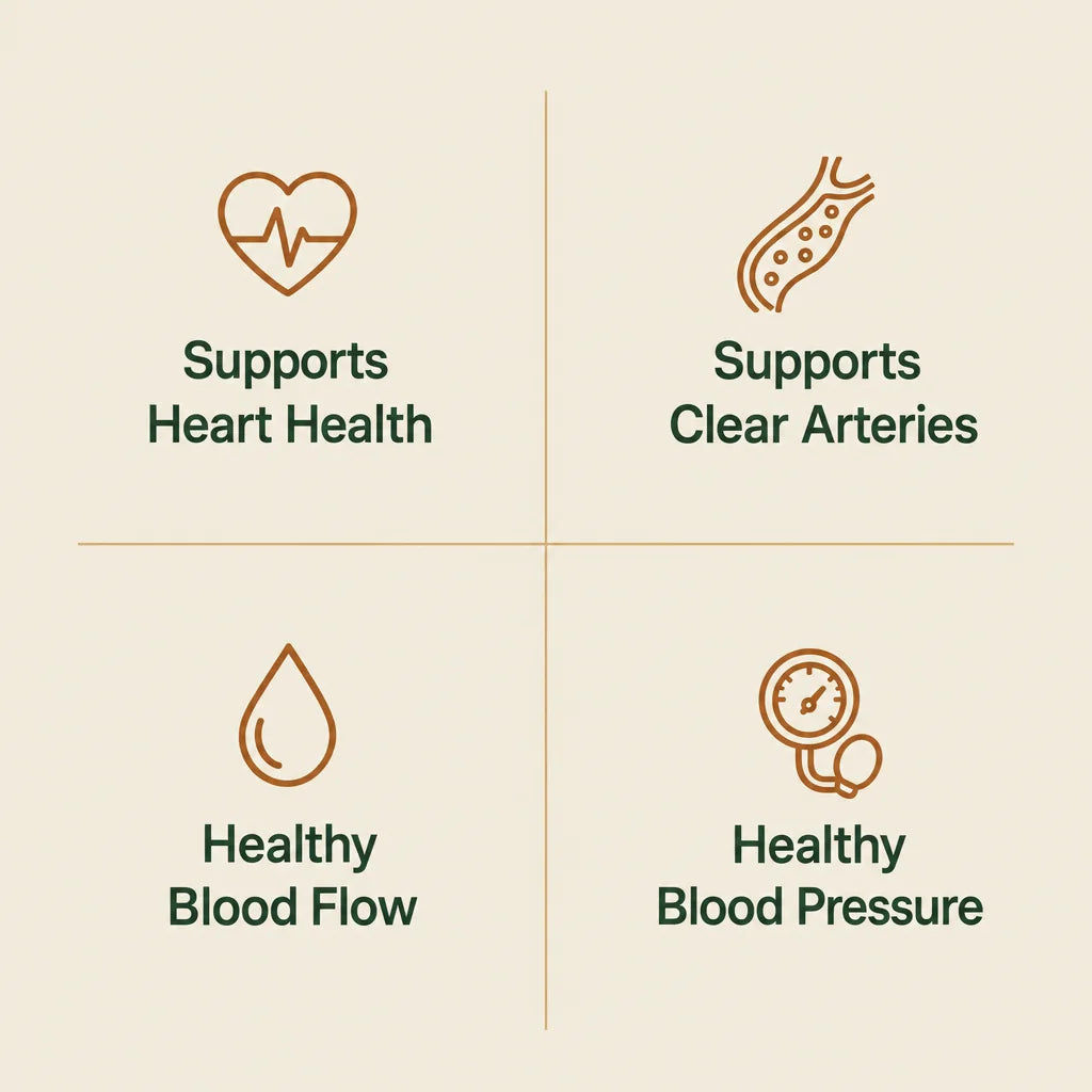 Supports heart health, clear arteries, blood flow and blood pressure